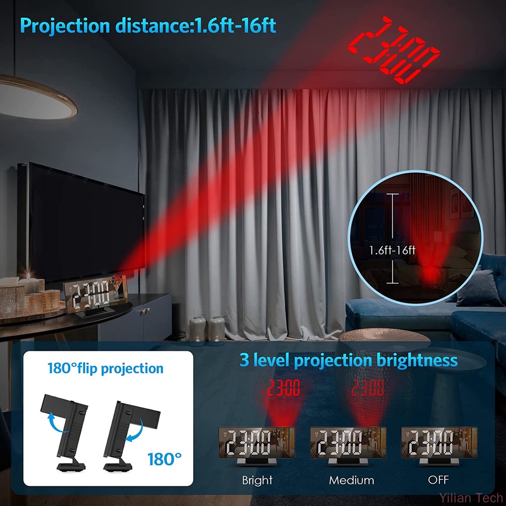 Đồng Hồ Báo Thức Màn Hình LED Có Thể Điều Chỉnh Độ Sáng 7.8'' 180° Đồng Hồ Máy Chiếu Cho Phòng Ngủ Văn Phòng