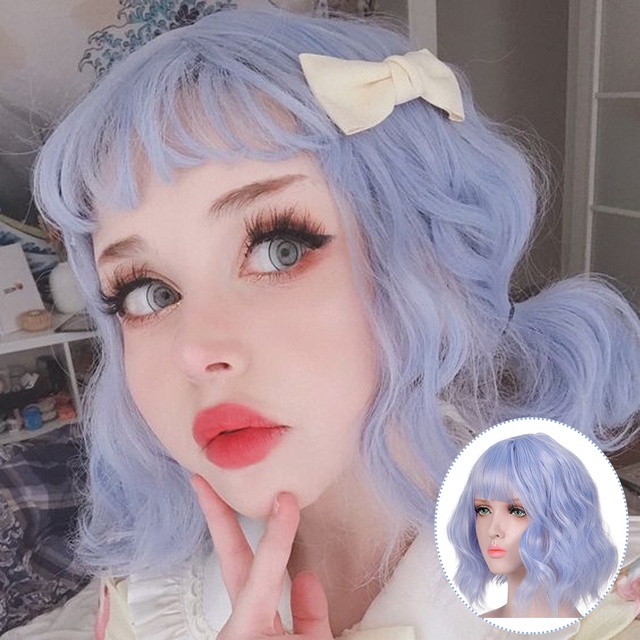 Short Wavy Cosplay Wig With Bangs Gold Red Green Purple Synthetic Pink Girl Cute Lolita Wig Female Anime
