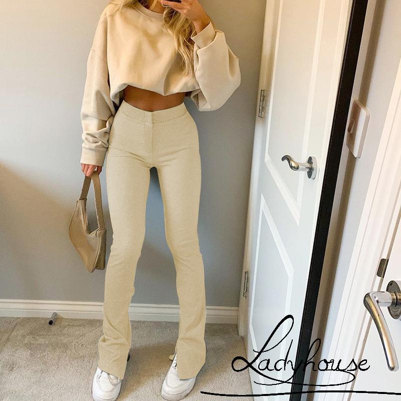 Quần Dài Lưng Cao Màu Trơn Xẻ Tà Thời Trang Hàn Quốc Cho Nữ