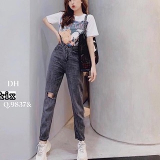 Quần bò baggy khói rách gối ô vuông - DH