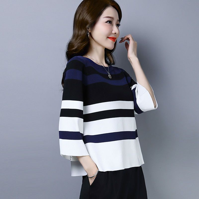 Áo Thun Lụa Dệt Kim Cổ Tròn Dáng Rộng Họa Tiết Kẻ Sọc Thời Trang Mùa Hè Cho Nữ