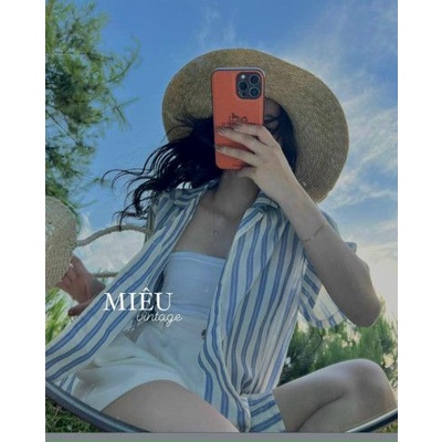 Áo sơ mi kẻ sọc xanh dài tay unisex