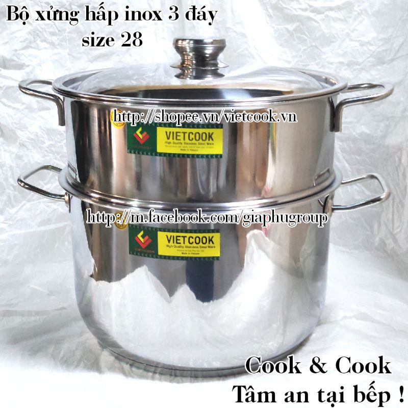 Bộ xửng hấp 3 đáy inox 430 Vietcook nắp kính chịu nhiệt cao cấp, dùng cả cho bếp từ tặng muỗng xới xôi(30cm)