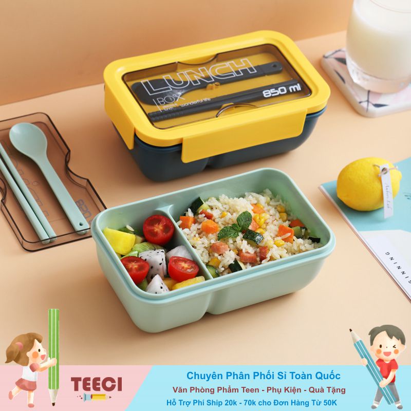 <Video Review> Hộp Đựng Cơm Văn Phòng Trường Học 2 Ngăn Lớn Lunch Box 850ml Màu Trơn Dùng Lò Vi Sóng Kèm Đũa + Thìa A195