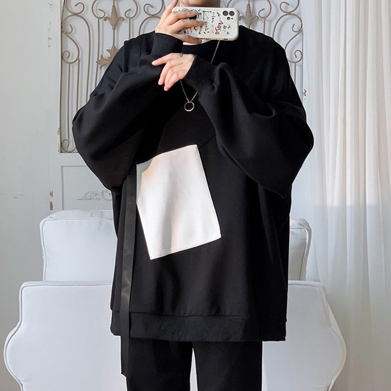 Áo Sweater Phối Dây Ruy Băng Trắng Đen Kiểu Hồng Kông Cá Tính Cho Nam
