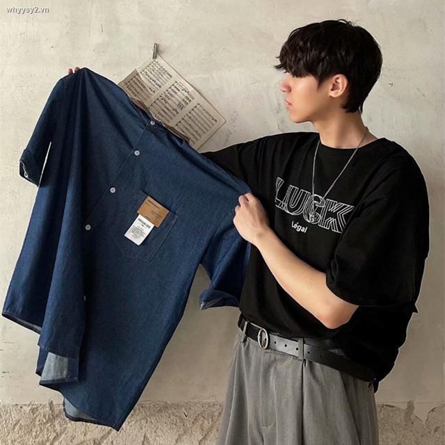 Áo sơ mi denim nam tay ngắn thiết kế dáng rộng phong cách retro Mỹ thời trang mùa hè mới 2021