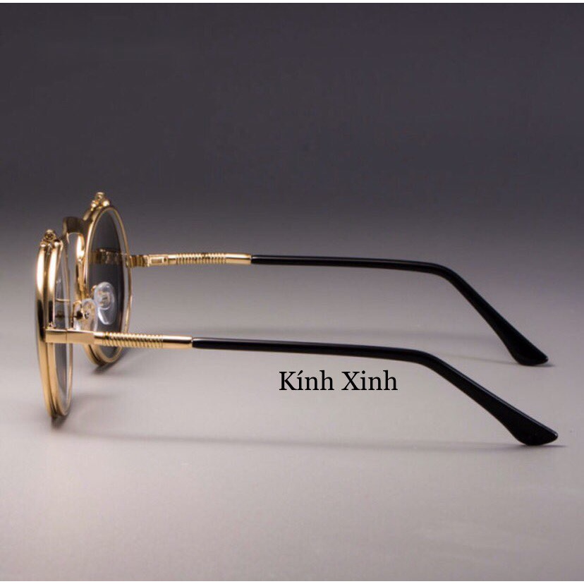 Kính râm Mắt Tròn Nhỏ Thầy Bói 2 Tròng Gọng Kim Loại Lò Xo Cao Cấp