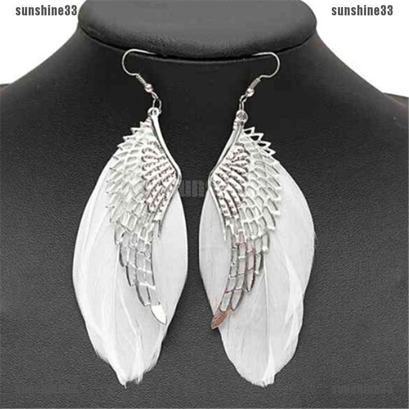 Khuyên tai dáng dài hình cánh thiên thần phối lông vũ siêu xinh