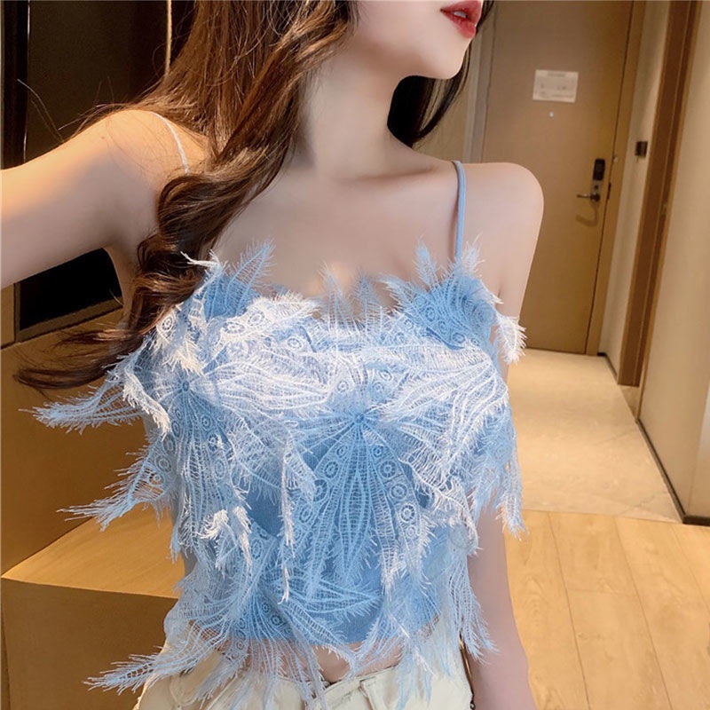 Áo Dệt Kim Sát Nách Lưng Ngắn Phối Ren Kiểu Pháp Thời Trang Mùa Hè Quyến Rũ Cho Nữ