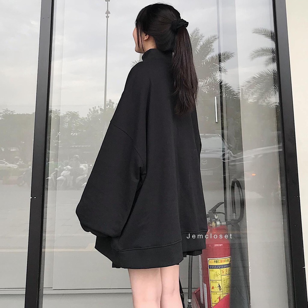Áo sweater nữ dài tay nỉ bông - Áo dài tay nỉ bông cao cổ đen trắng phom rộng Squella Strada <75kg hot 2021