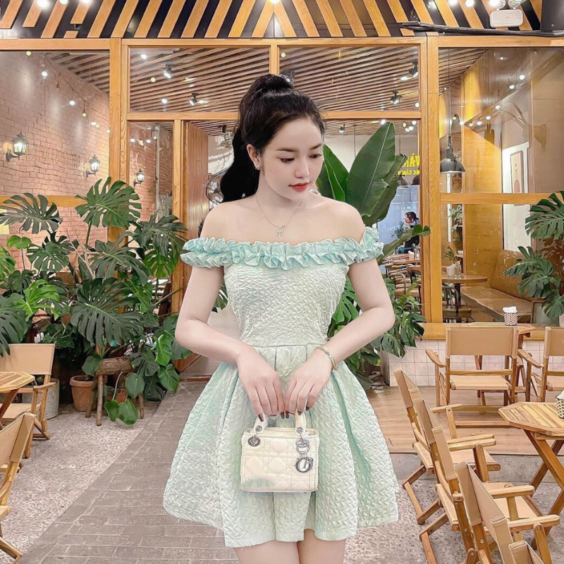 Đầm xanh trễ vai đầm đi chơi đi tiệc đi bar xinh đẹp