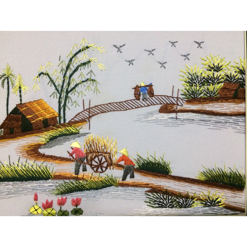 Tranh thêu tay đồng quê xe bò DQ003