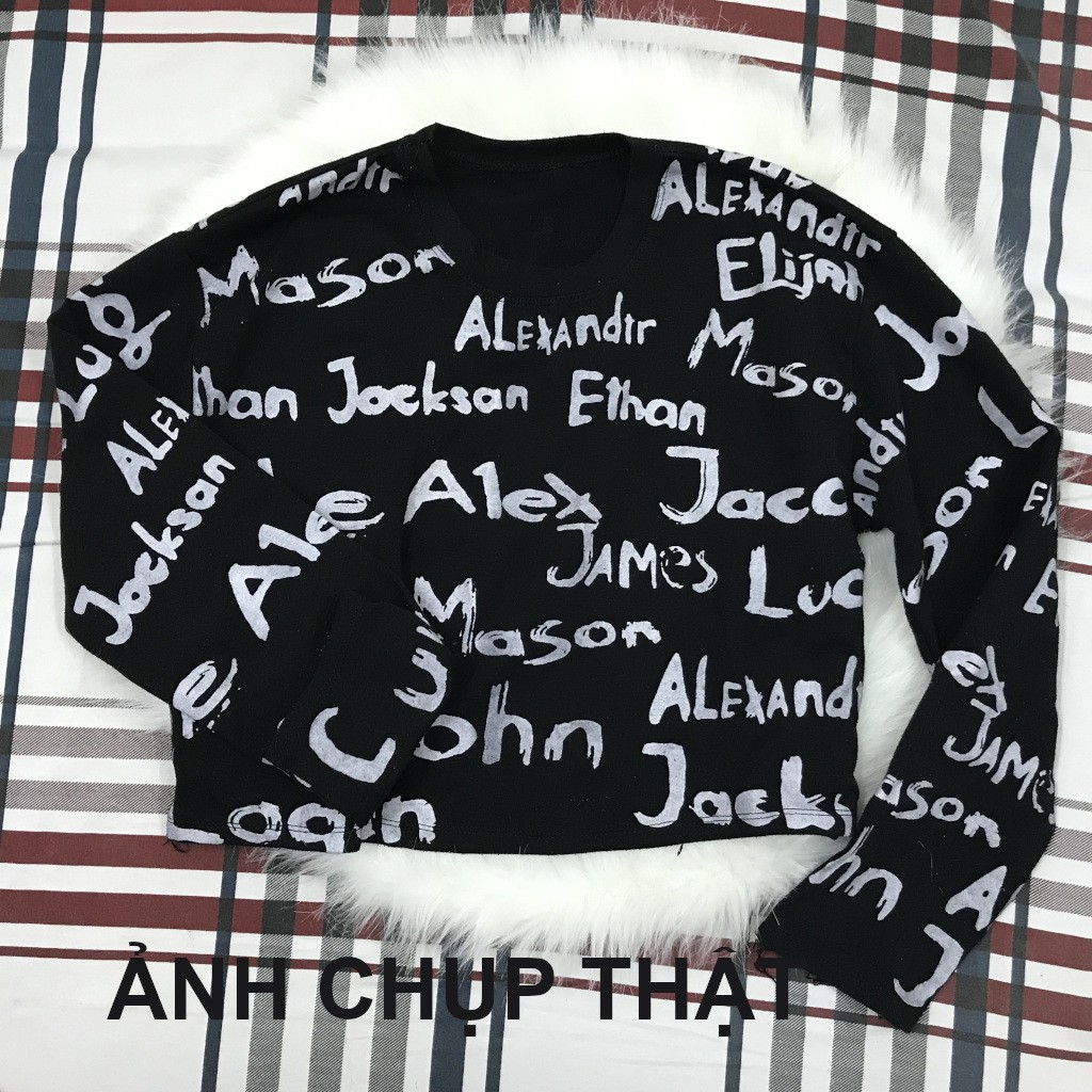 Áo len nỉ nữ mỏng croptop tay dài in chữ màu đen form nhỏ - ẢNH CHỤP THẬT