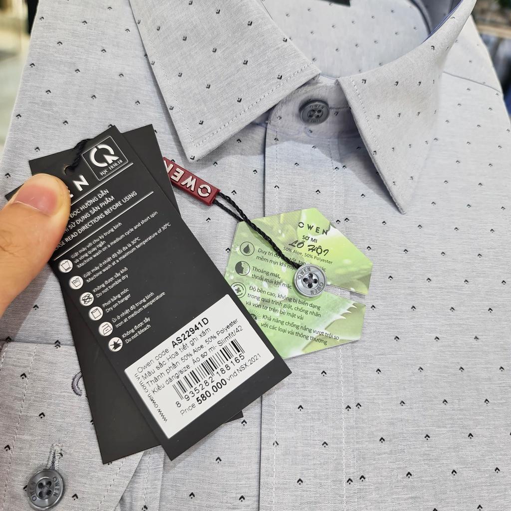 Áo sơ mi nam dài tay OWEN AS22941D somi công sở vải lô hội cao cấp màu ghi chấm bi dáng ôm tà lượn không túi