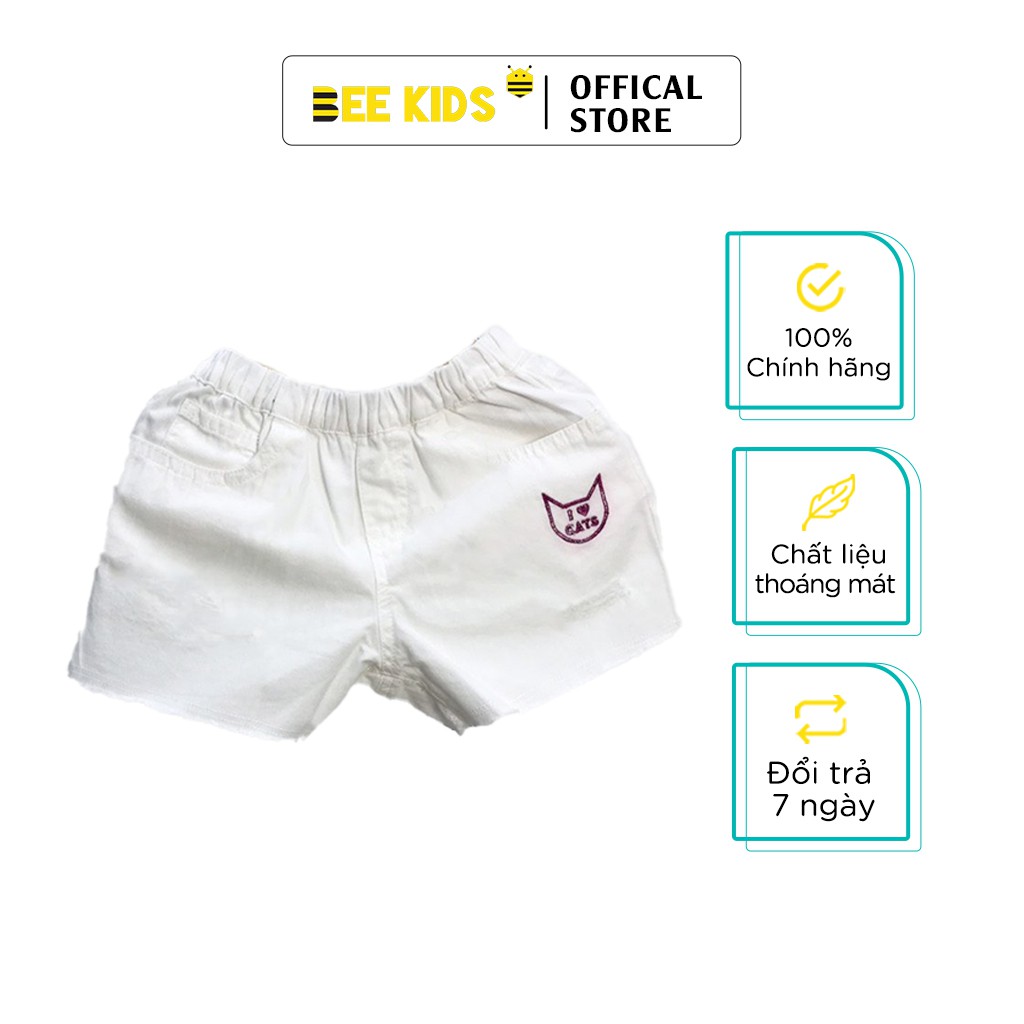 Quần Short Bé Gái Bee Kids Mài Rách Kaki Cạp Chun Thêu Hình Mèo Đáng Yêu Cho Bé (2-12 Tuổi) 7QK01613SX