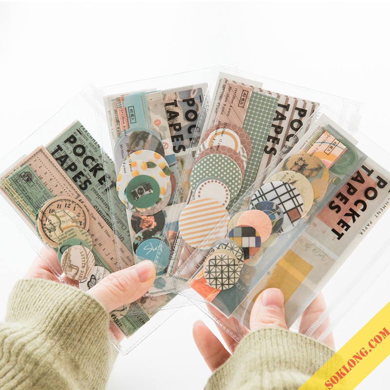 Set túi zip 40 ảnh giấy dán phong cách Vintage [SOKLONG], Bộ Sticker màu trong trẻo trang trí sổ