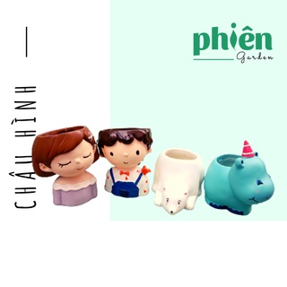 Chậu gốm hình thú, chậu gốm hình cô bé, cậu bé trồng cây sen đá, xương rồng