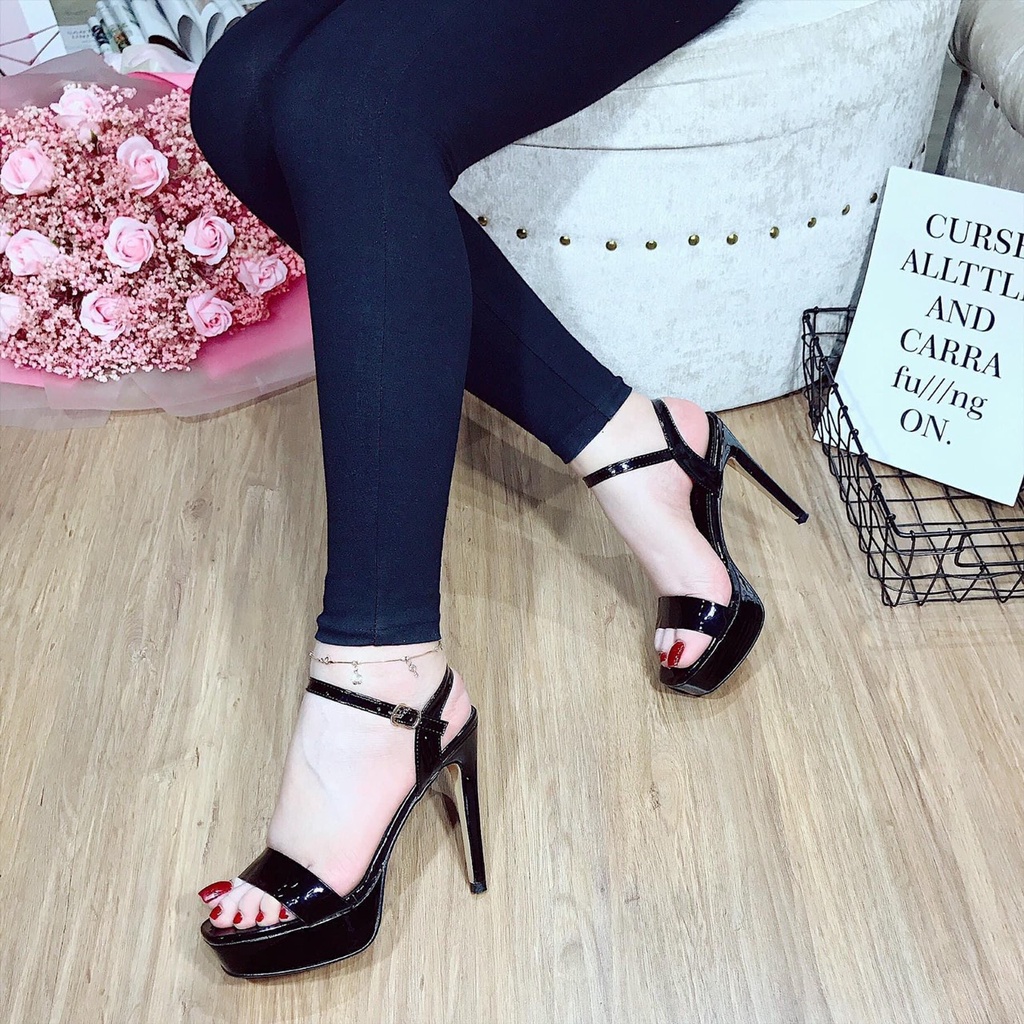 Giày sandal cao gót da bóng đúp trước gót nhọn 12 phân dép cô dâu siêu tôn dáng