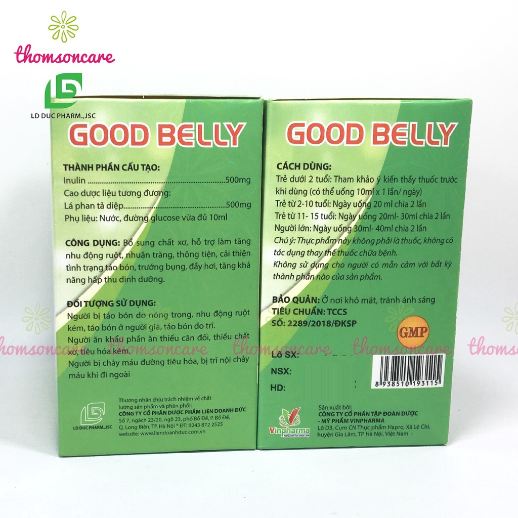Siro giảm táo bón, nhuận tràng từ chất xơ Inulin và thảo dược Good Belly Hộp 20 ống uống cho trẻ em và người lớn