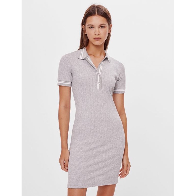 Bershka Đức - Đầm váy sale auth new tag cao cấp chính hãng BSK polo ngắn xám thun ôm form dáng body có sẵn