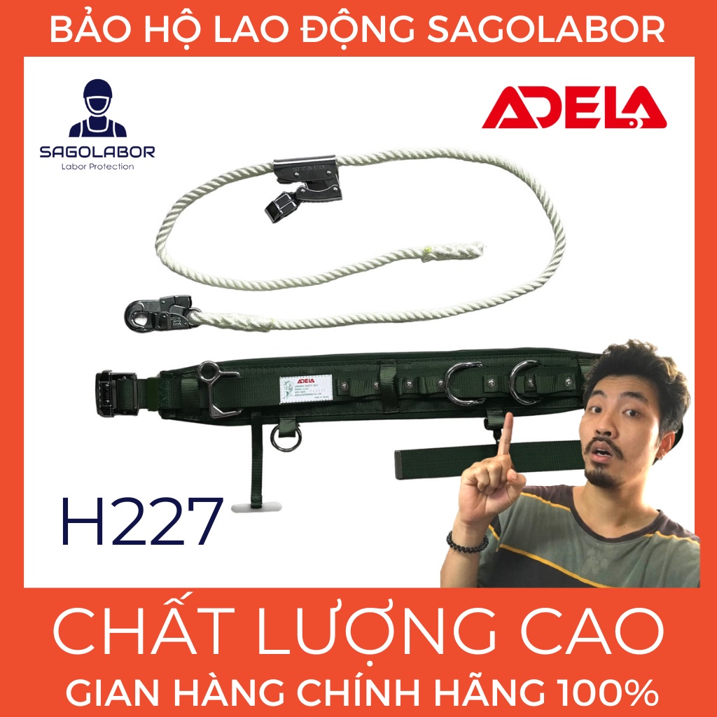H227 ADELA Đài Loan - Dây đai an toàn điện lực bảo hộ lao động - Gồm đai bụng, choàng thừng 1 móc