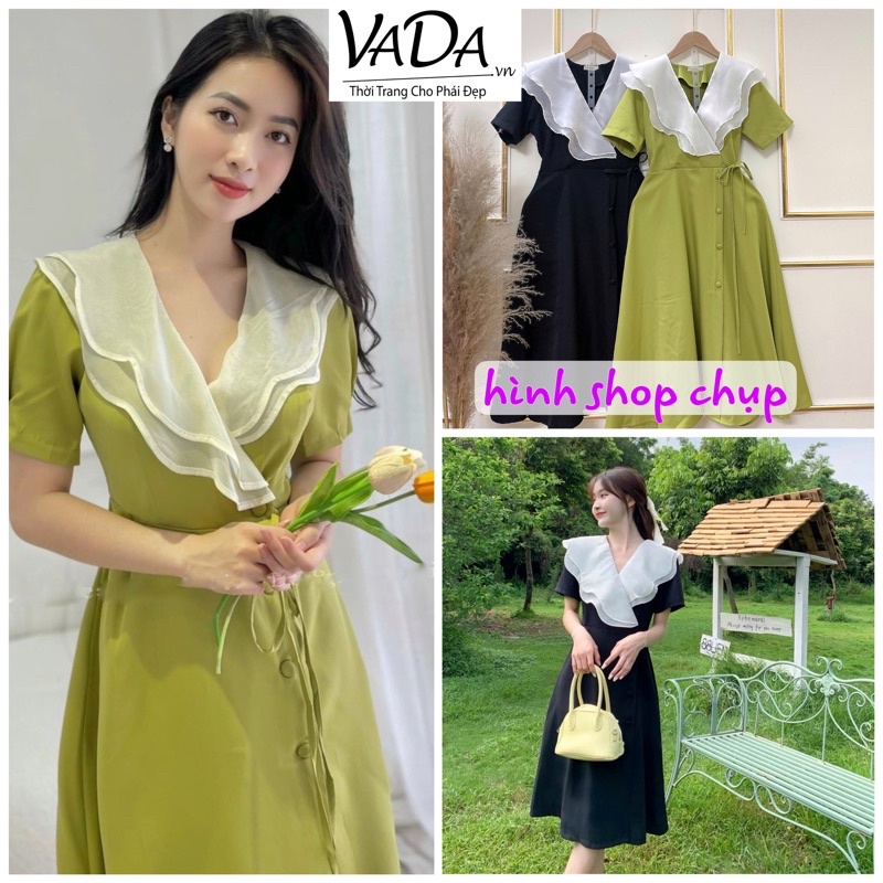 Đầm Váy xòe nữ Hàn Quốc Dự tiệc cưới , dạo phố dáng Midi cổ 2 lớp eo cột nơ duyên dáng - Thời Trang VADA (Đ22)