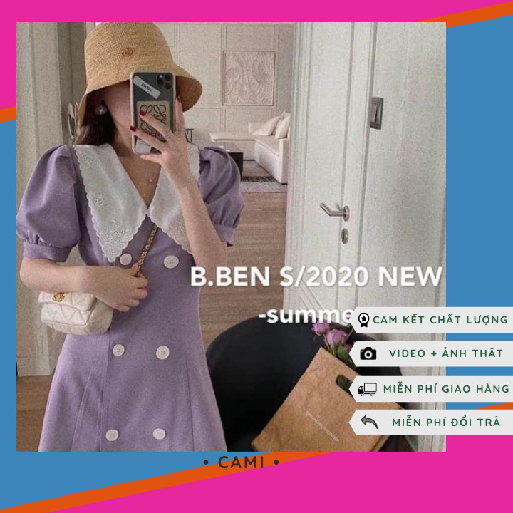 ĐẦM TÍM PASTEL CỔ ĐỨC TAY BỒNG HOT TREND 2020