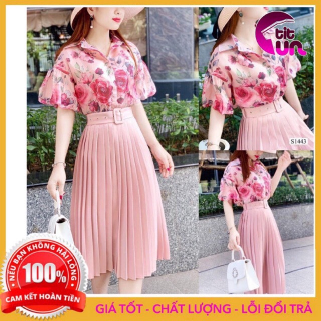Áo Sơ Mi Hoa + Chân Váy Xếp Li Kèm Đai