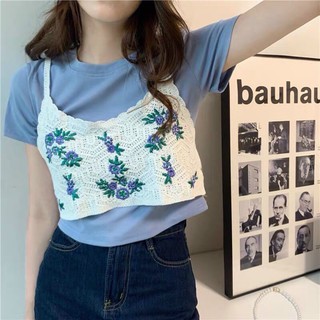 Áo 2 dây Len Thêu Hoa Dáng Ngắn