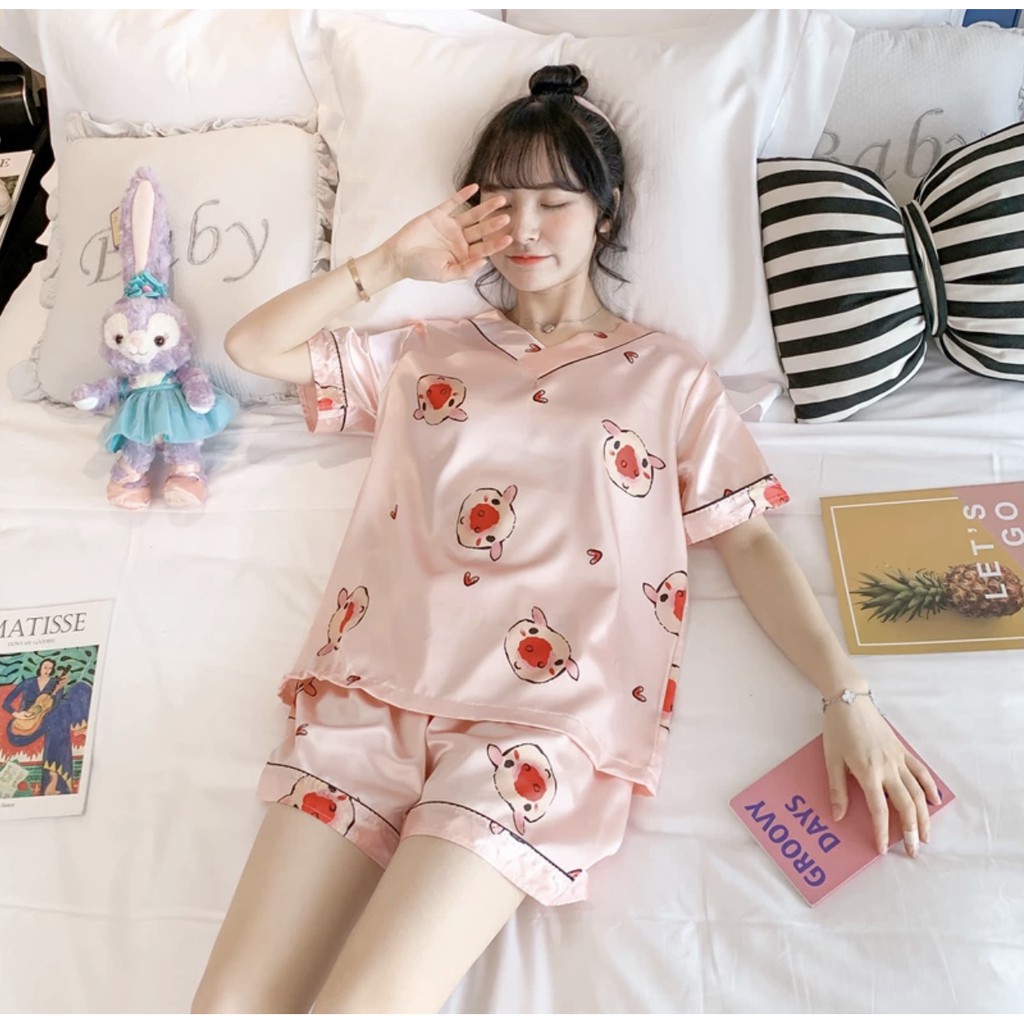 Đồ ngủ lụa nữ ngắn tay Hàn Quốc dễ thương phù hợp với mùa hè