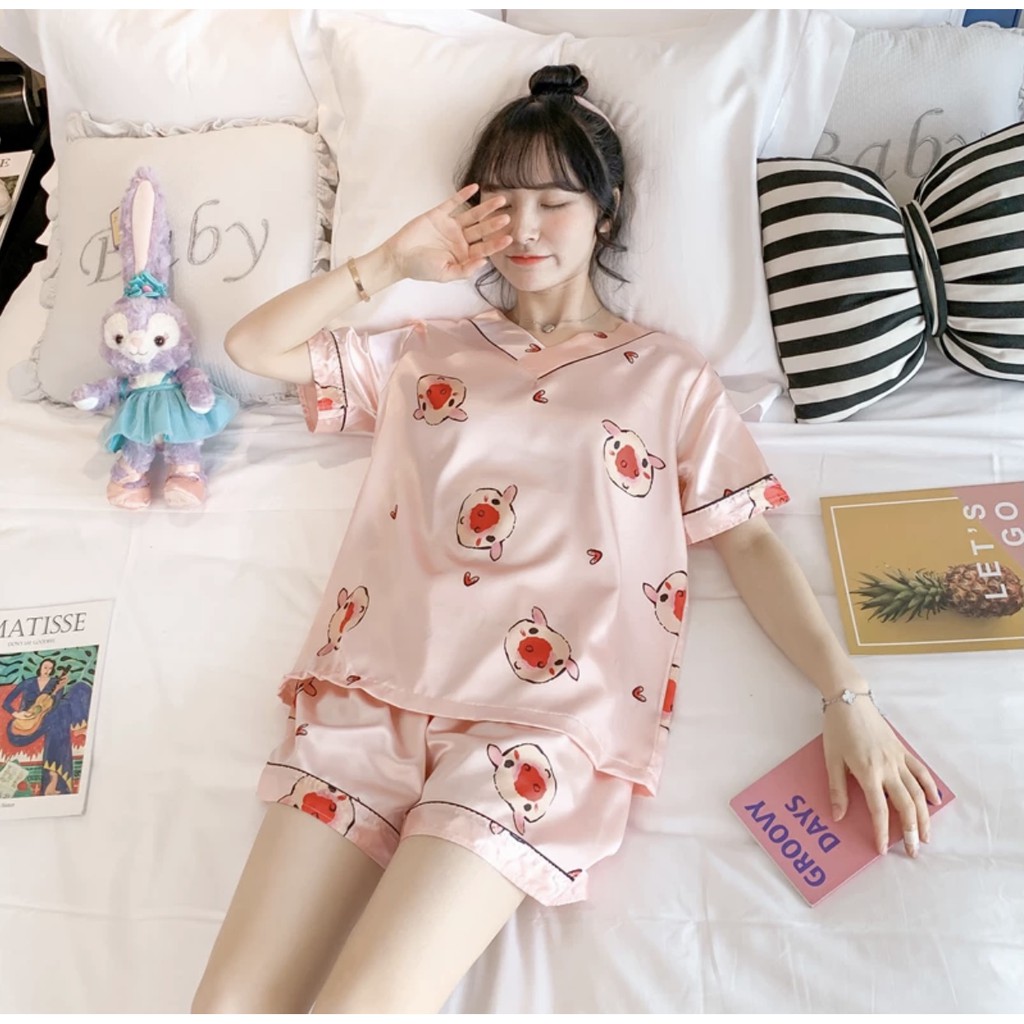 Đồ ngủ lụa nữ ngắn tay Hàn Quốc dễ thương phù hợp với mùa hè | BigBuy360 - bigbuy360.vn