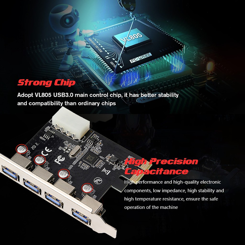 Card chuyển đổi PCI Express to USB 4 cổng 3.0, PCI Express to USB3.0 Adapter Card with Large 4Pin Power Interface for PC