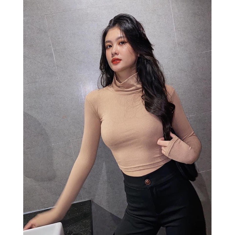 Áo Croptop Cổ Lọ Tay Dài Crop Thun Gân Xịn [ẢNH THẬT 100%]