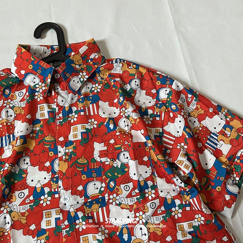Áo Sơ Mi Ngắn Tay In Họa Tiết Hello Kitty Phong Cách vintage Dành Cho Nam Và Nữ