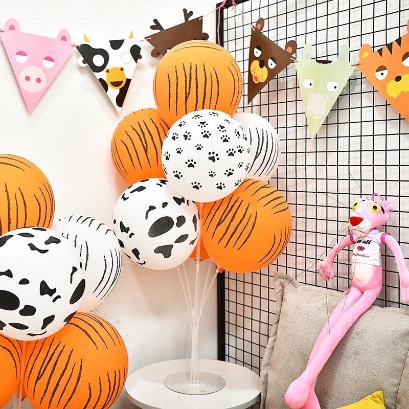 Set 10 bóng họa tiết da báo, hổ vằn, chó đốm, bò sữa, ngựa vằn trang trí sinh nhật chủ đề rừng xanh, động vật