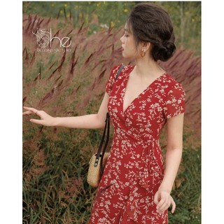[𝑵𝒆𝒘 𝑨𝒓𝒓𝒊𝒗𝒂𝒍] Đầm Maxi hoa đỏ đắp chéo thắt eo Vintage