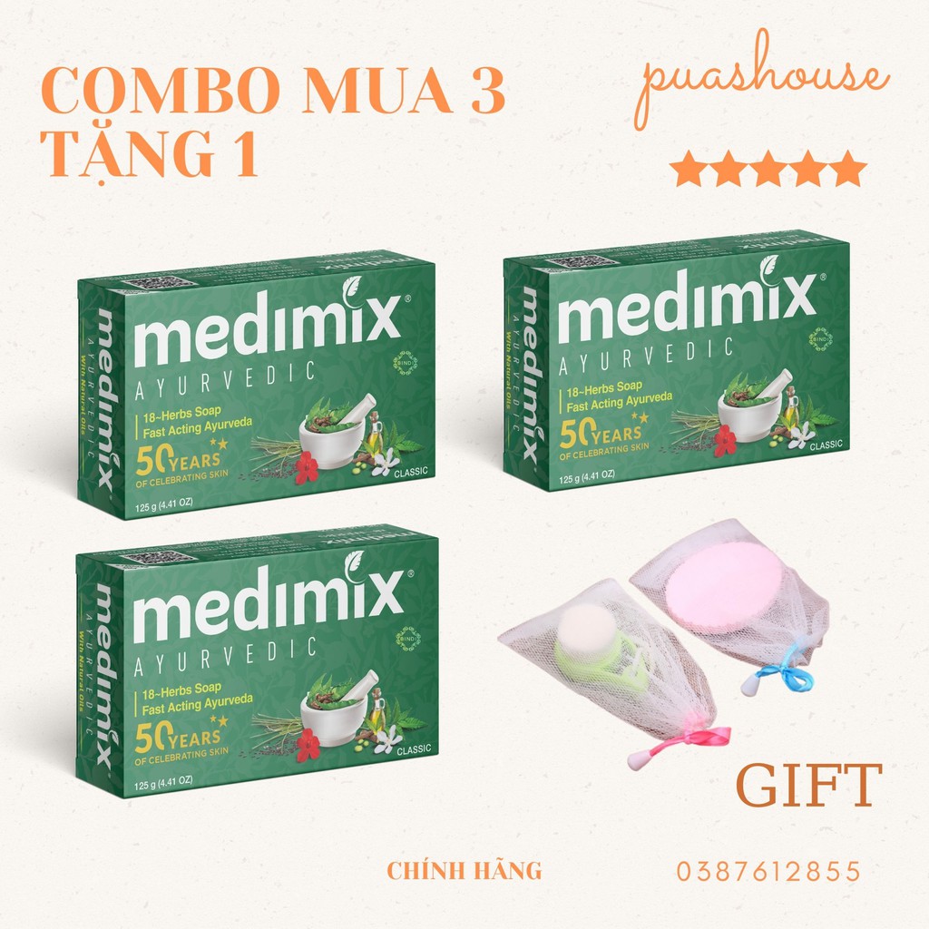 [RẺ VÔ ĐỊCH] COMBO 3 BÁNH XÀ PHÒNG THẢO DƯỢC 18 HERBS SOAP 125G MEDIMIX TẶNG 1 LƯỚI TỌA BỌT