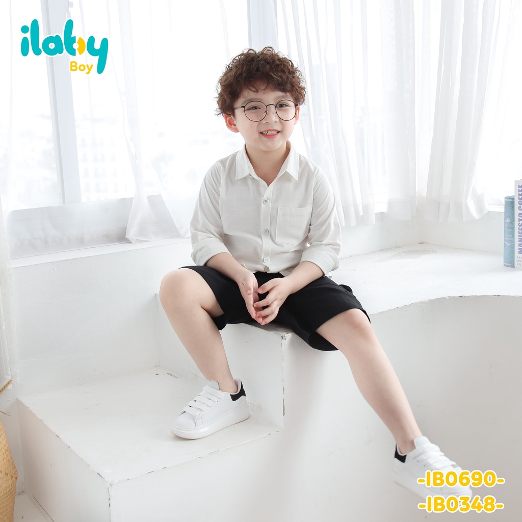 Áo sơ mi bé trai ILABY dài tay chất liệu linen thiết kế cổ đức túi ốp ngực [22IB06900122]