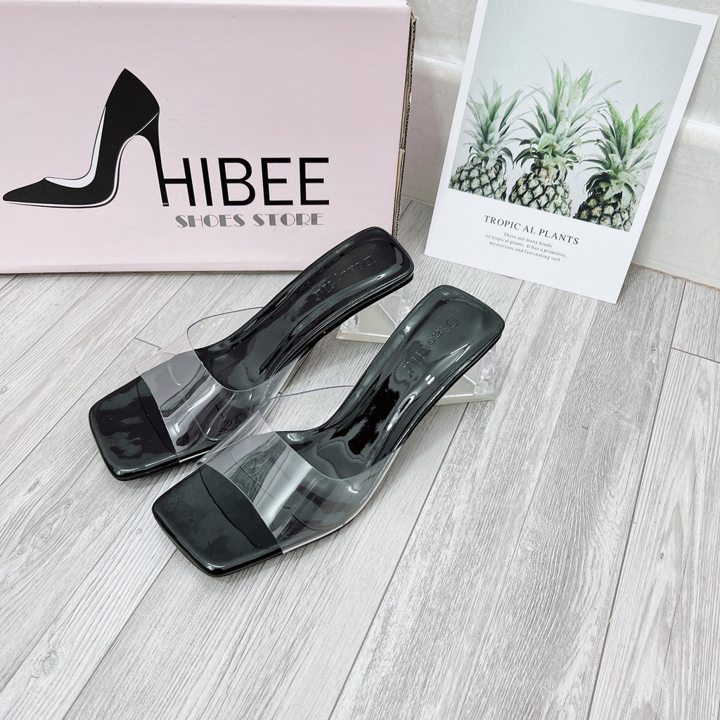 Dép Guốc nữ cao gót quai trong mika da bóng sandal đế tam giác 7cm lên chân siêu xinh HIBEE
