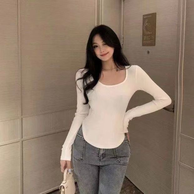 Áo thun tay dài cổ chữ U màu sắc thời trang cho nữ