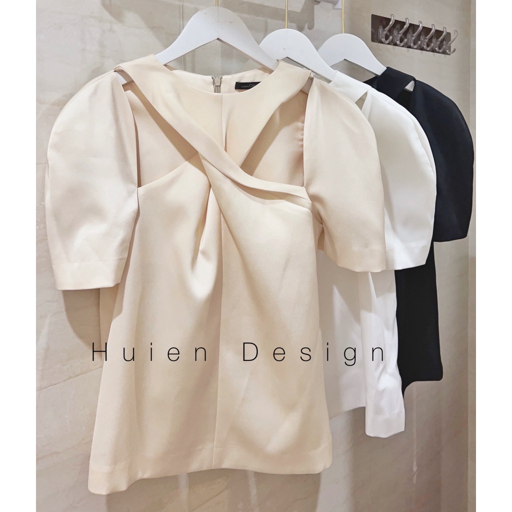 Áo kiểu nữ Hàn Quốc hàng thiết kế Huien Design, áo nữ kiểu bánh bèo, thiết kế có nơ xoắn ngực, tay phồng
