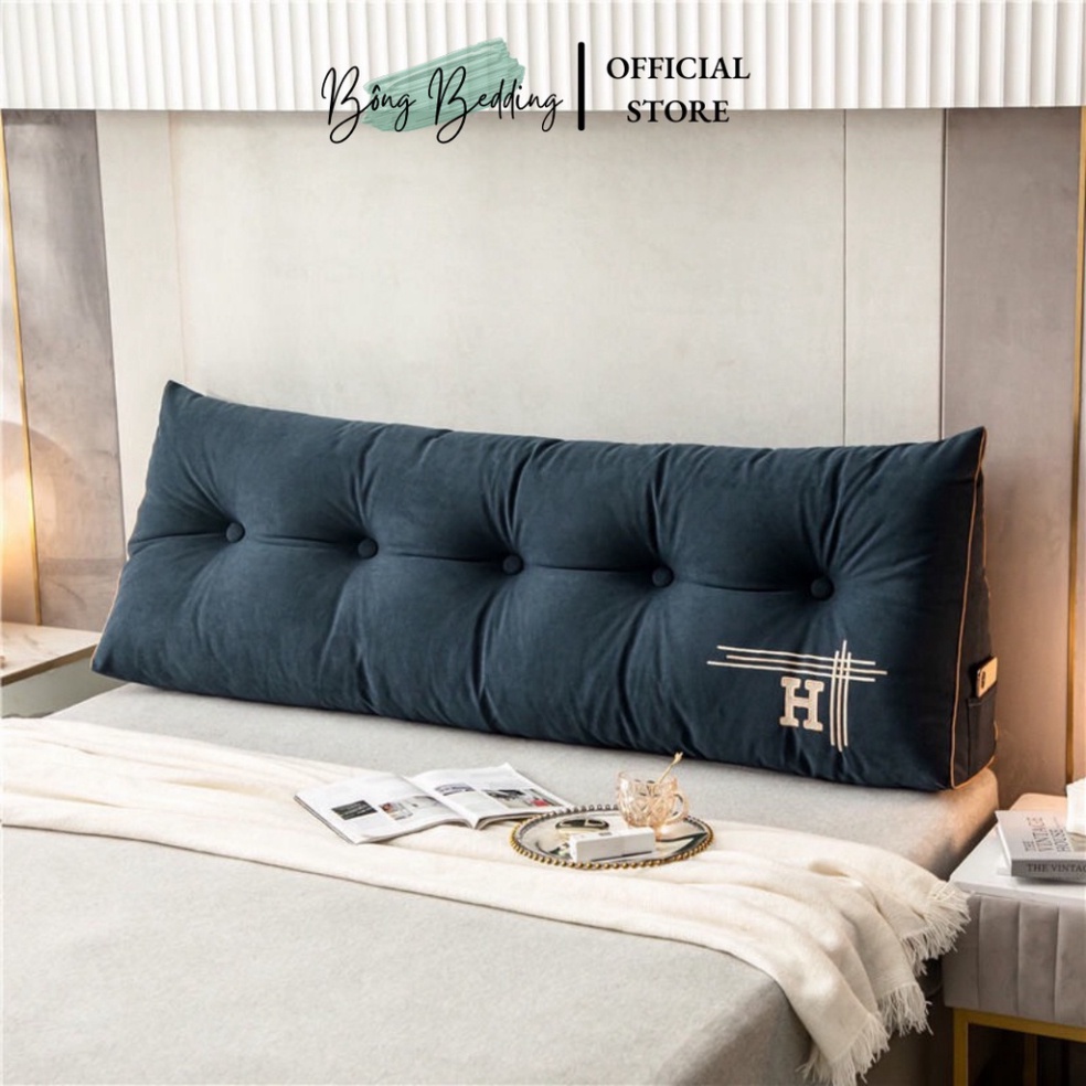 Gối Tựa Đầu Giường HIN BEDDING Hình Tam Giác Thêu Chữ H Đính Khuy Bọc Cao Cấp Có Sẵn 1m8 Và 1m5