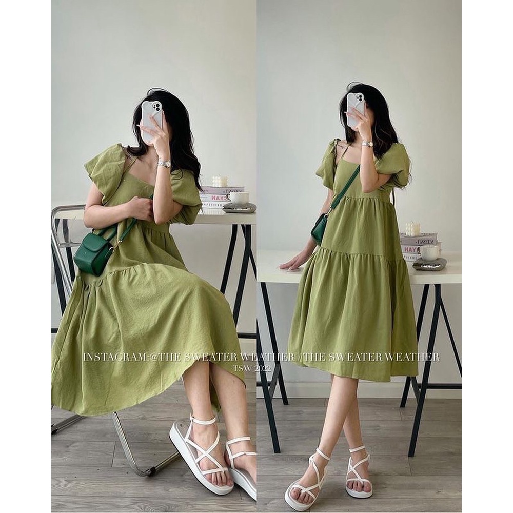 Váy maxi babydoll mặc 4 kiểu form xòe tay rời đính cúc, Váy 2 dây mặc nhiều kiểu