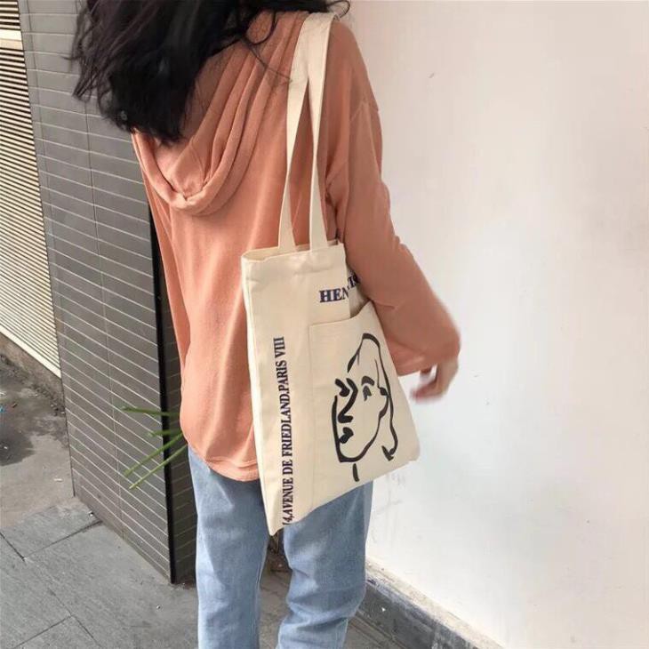 Túi tote vải bố đựng đồ canvas đeo chéo đi chơi in hình cô gái Herman TX48