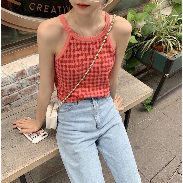 Áo hai dây dệt kim dáng ôm kiểu sọc caro thời trang năng động dành cho nữ