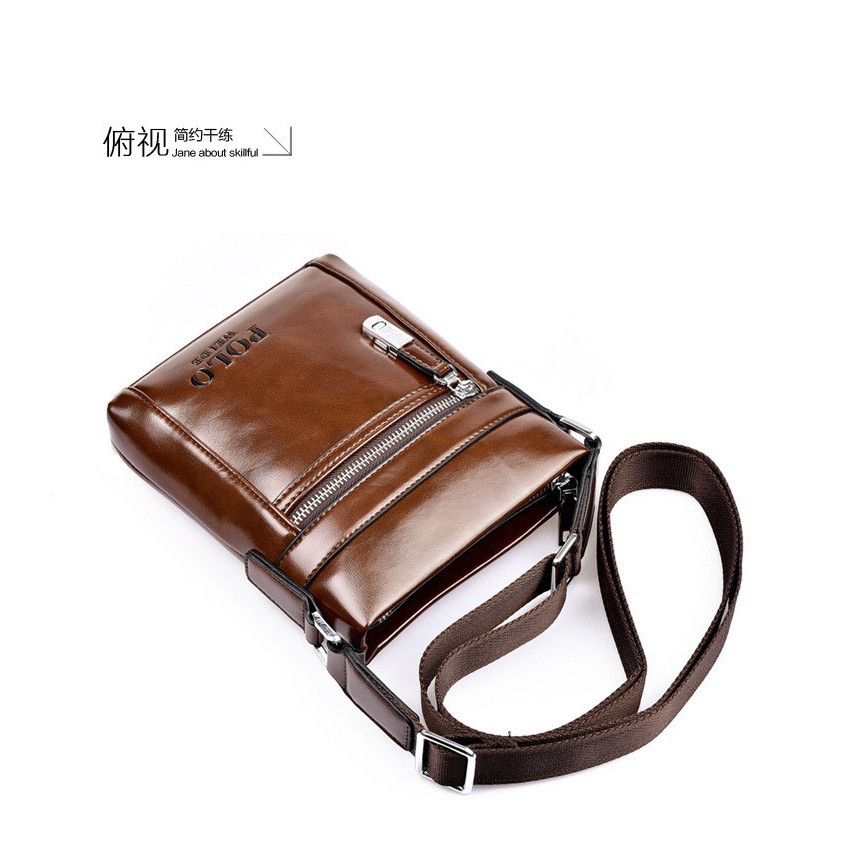 Túi đeo chéo nam da bò POLO cao cấp T66 19x22x4cm (Nâu Đậm - Nâu Nhạt)