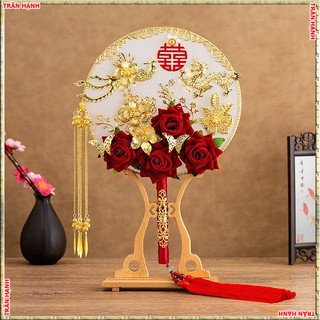 Quạt chụp hình cổ trang - phụ kiện cưới Giang- quạt lụa gắn phượng và hoa hồngTH