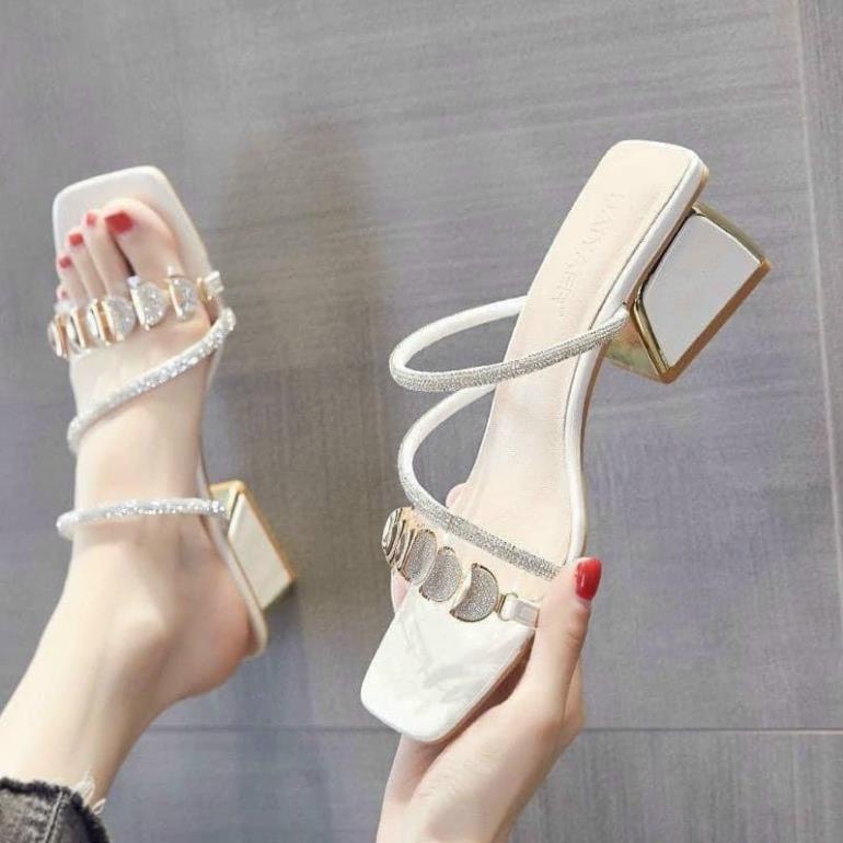 🕸️ Cao Gót Nữ 5 Phân Đính Đá Đẹp Tiểu Thư Sang Chảnh gót vuông hở mũi quai ngang mảnh Hot MÃ CG01 MINHTUYETSHOES !
