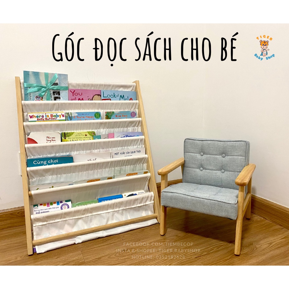Góc đọc sách cho bé yêu xinh xắn chất lượng với kệ sách 7 tầng và ghế sofa mini làm từ 100% gỗ và vải tự nhiên an toàn