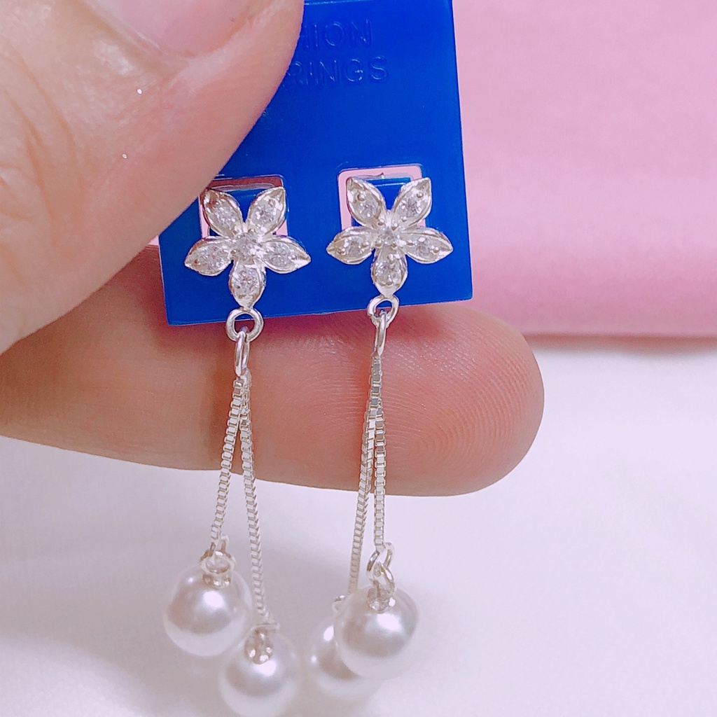 Bông tai hoa đính tua treo hạt dài xinh xắn LINH MIU SILVER